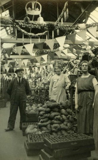 Balnamore Mill Reeling Room, on the day of the 1936 Jubilee, showing Johnny, Maggie and Lily Doherty