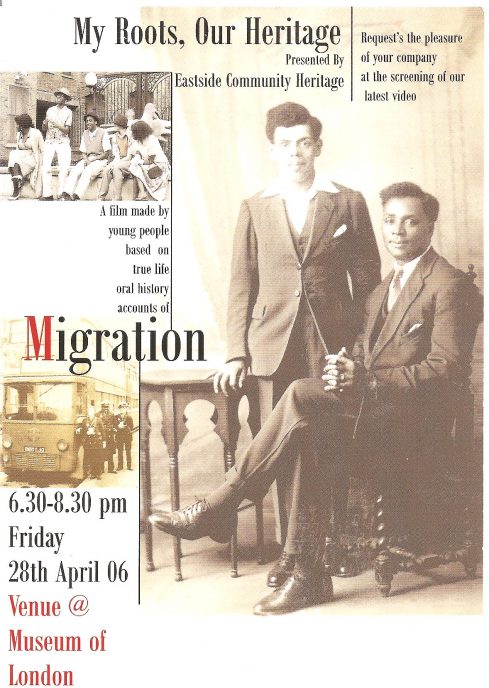 Invitation to the launch of Eastside Community Heritage's My roots, Our Heritage project at the Museum of London, 2006
