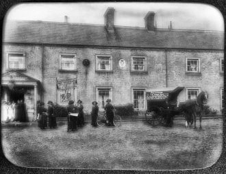 The women marchers outside the Blue Bell Hotel in Belford.