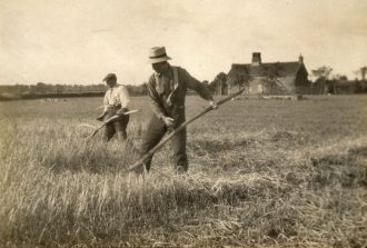 Robert Roberts and Tom Mayhew mowing barley on the field by Blackheath Farm looking toward Bramfield.