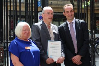 Matt Champion Norfolk Medieval Graffiti Survey winners of the Innovation category with Dr Nick Barratt and Sue Hampson Chair CAHG committee | Judith Harvey 