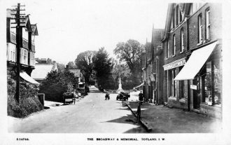 Old postcard of Broadway and Memorial, Totland | Freshwater and Totland Archive Group