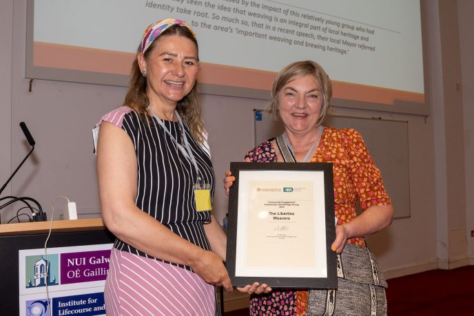 Audrey Wilson of CAHG with Marja Almqvist, Liberties Weavers, winner of the Community Engagement award, 2022. | Copyright Boyd Challenger