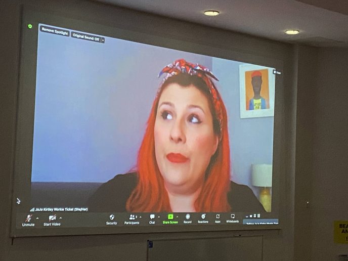 JoJo Kirtley of Workie Ticket, appearing via remote link at the CAHG 2022 awards ceremony. | Image courtesy of Our Irish Heritage