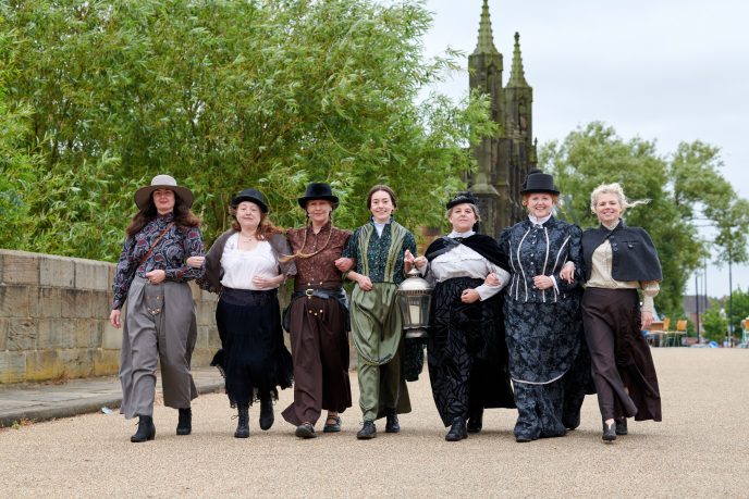 Group of women in period costume, celebrating The Abolitionists, Ann Hurst, Elizabeth Dawson & Sarah Parker Remond exhibition at Chantry Chapel Wakefield