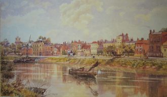 Wash drawing of Barnes Terrace and the Thames