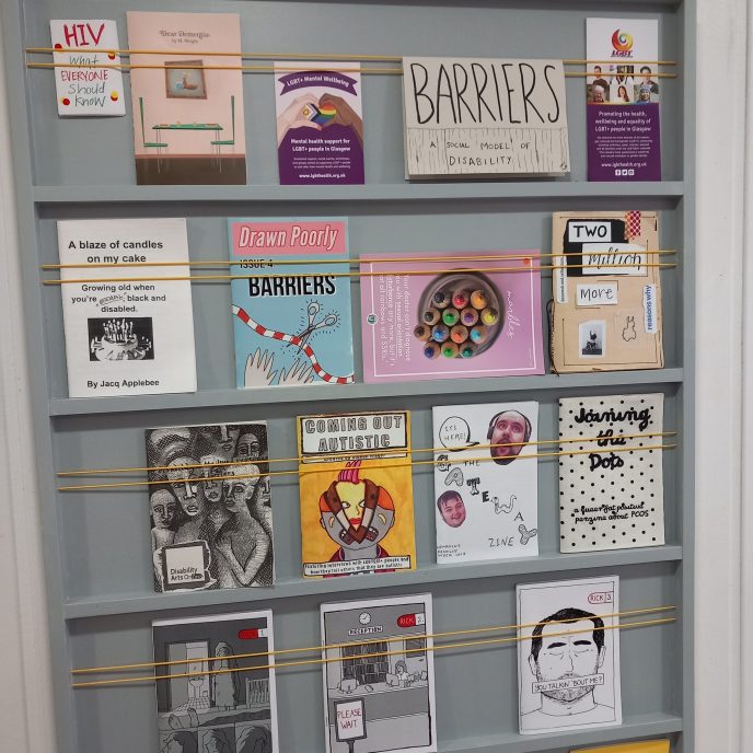 Barriers Collection display at the Glasgow Zine Library | Image courtesy of Glasgow Zine Library