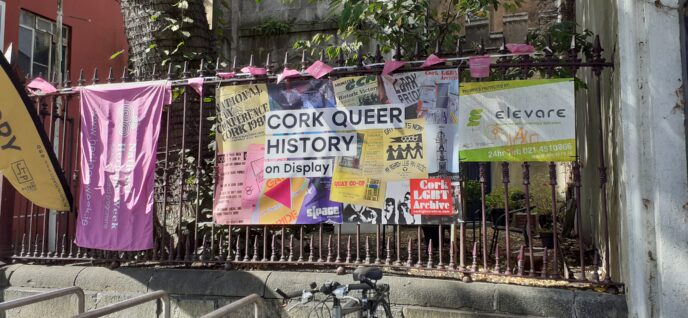 Cork Queer History on Display banner and Heritage Week bunting, August 2024 | Image courtesy of Cork LGBT Archive
